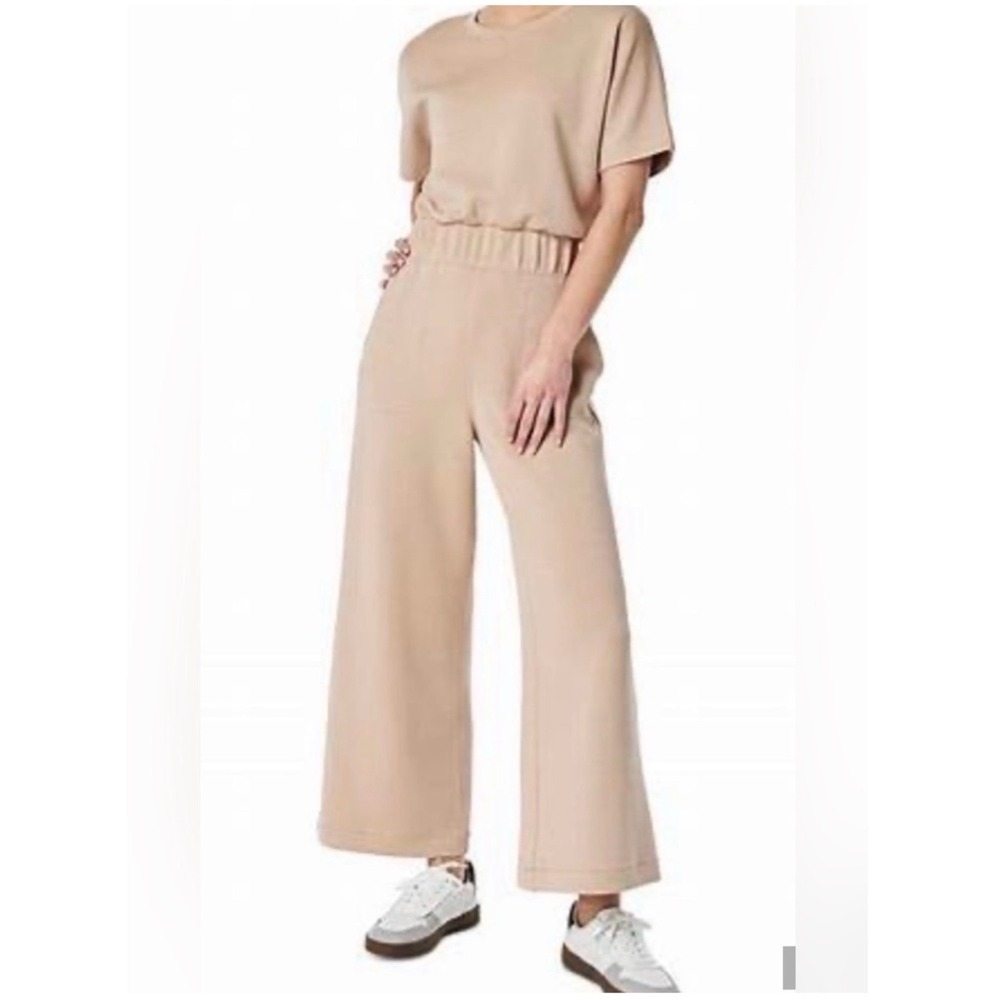 Spanx Beige Air Essentials Short Sleeve Wide Leg Crop Knit Jumpsuit Sz S